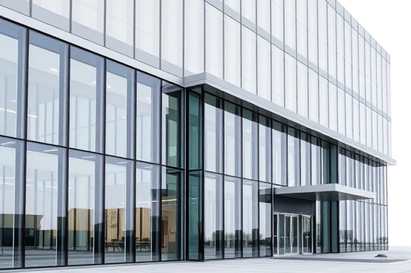 A modern commercial building facade constructed with custom architectural aluminum extrusions for construction engineering projects.