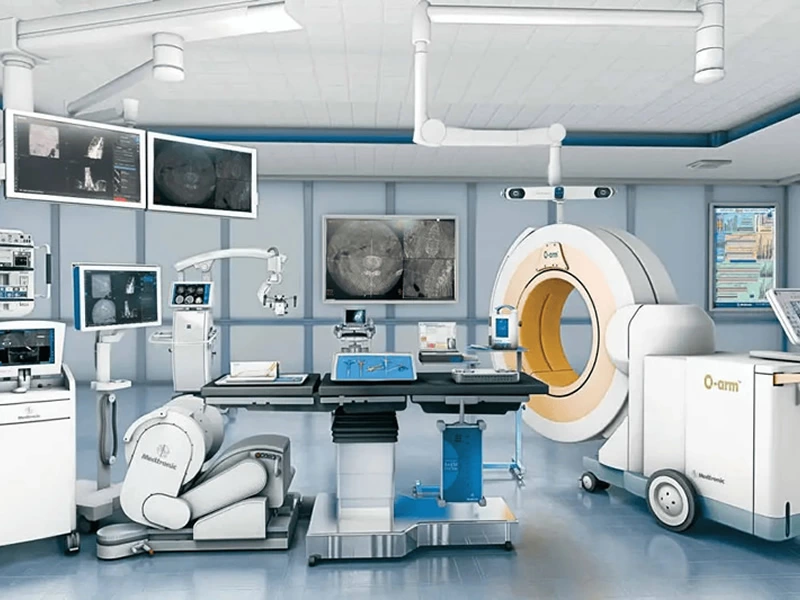 High-tech medical devices in a modern operating room, featuring hygienic custom aluminum extrusion profiles used for equipment carts and structural frames.