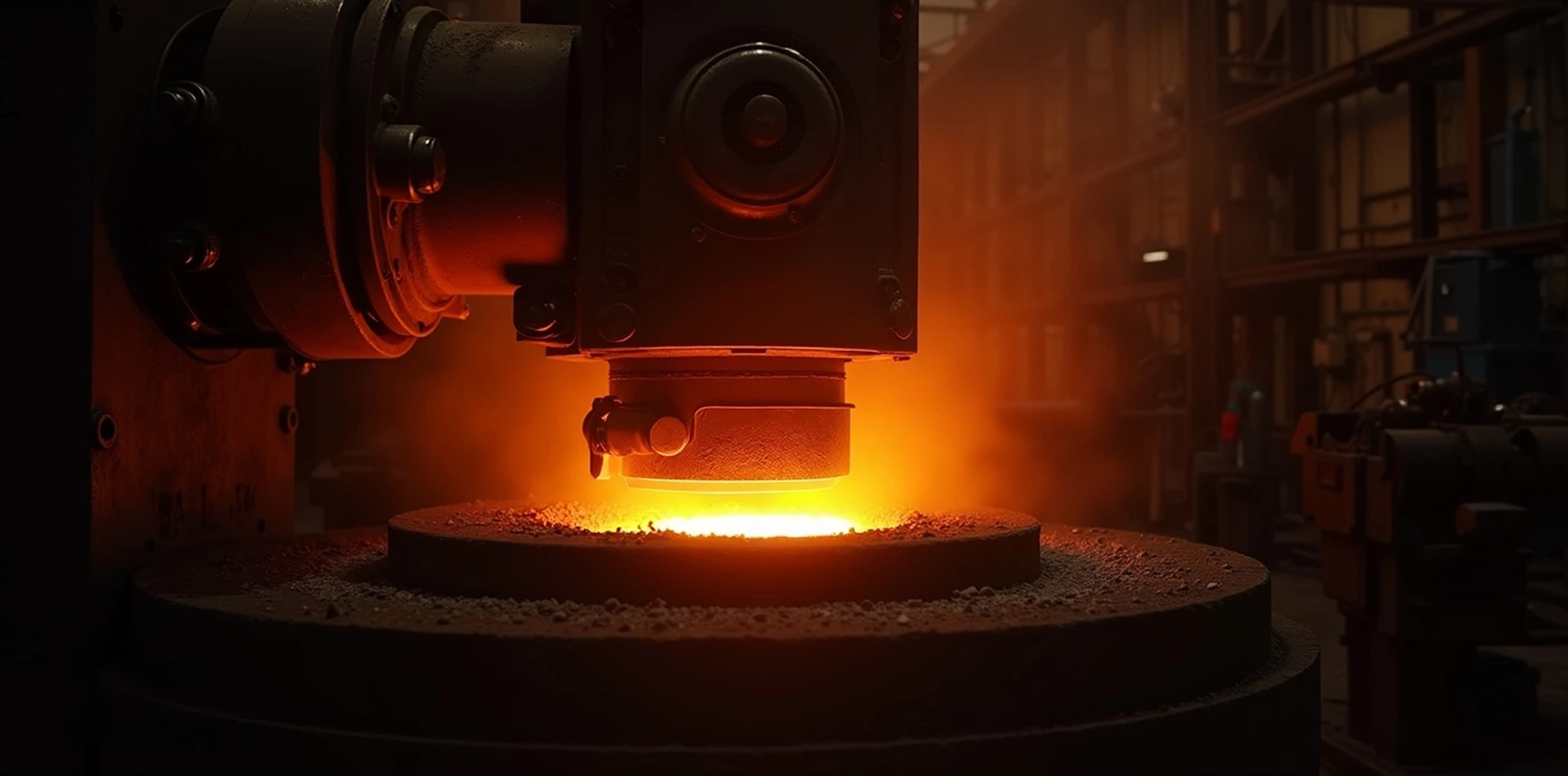 Industrial aluminum die casting process showing molten metal being formed in a high-temperature manufacturing environment.