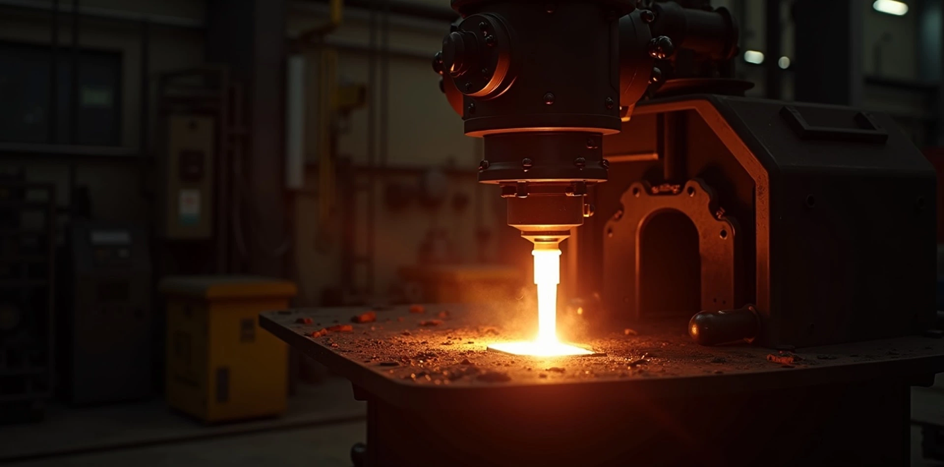 Industrial hot aluminum forging process, depicting heavy machinery pressing glowing metal to manufacture custom aluminum components.