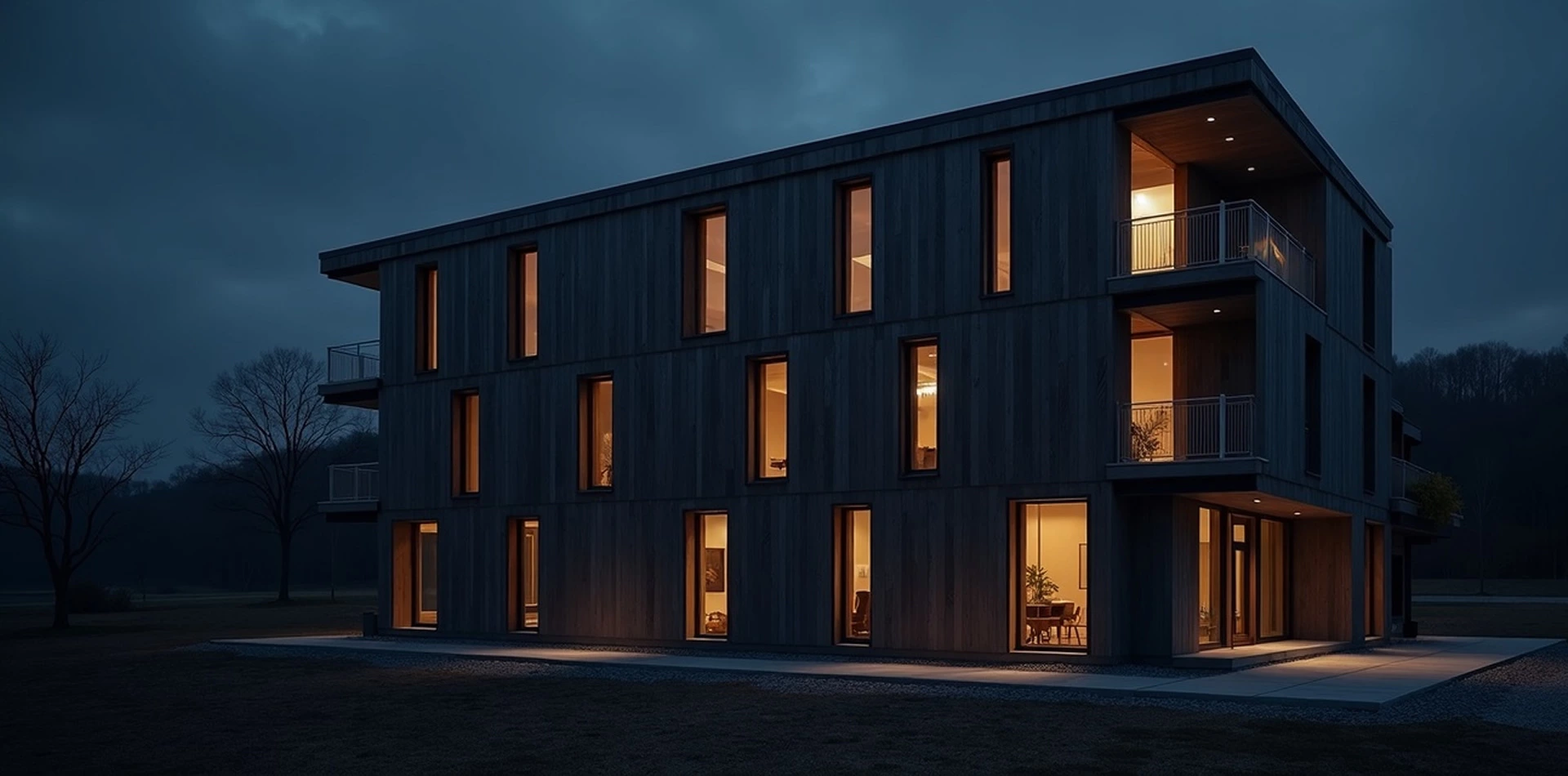 Modern building exterior at dusk highlighting the use of durable aluminum windows and structural profiles in construction engineering.
