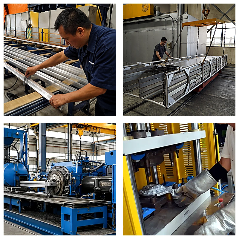 Custom aluminum manufacturing process collage showing profile inspection, extrusion handling, extrusion press line, and aluminum component forming