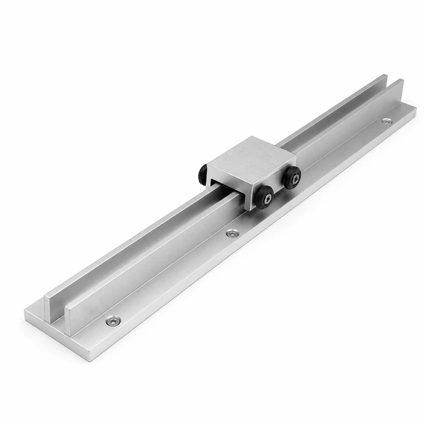 Aluminum U-channel guide rail with a roller carriage for a custom linear slide assembly.