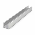 Silver aluminum channel extrusion for custom industrial guide rails on a white studio background.