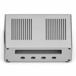 Top view of a folded aluminum control chassis with two straight, parallel vent-slot fields and aligned front openings.
