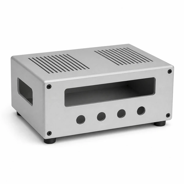 Light-gray fabricated aluminum control chassis with a display opening, four control holes and two vent-slot fields.