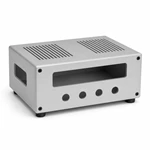 Light-gray fabricated aluminum control chassis with a display opening, four control holes and two vent-slot fields.