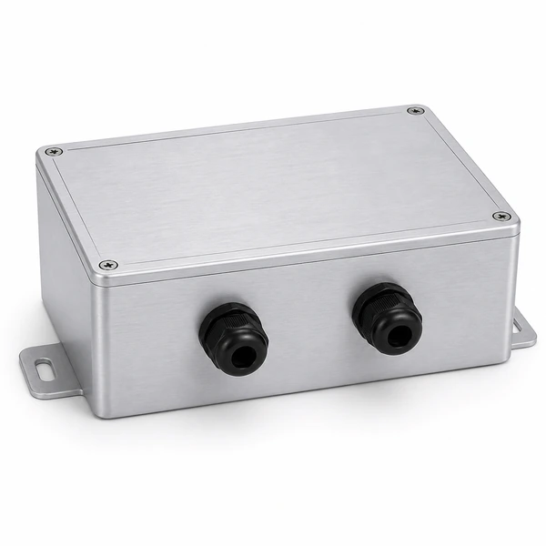 Industrial aluminum control box with two black cable glands installed on the front face.