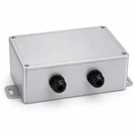 Industrial aluminum control box with two black cable glands installed on the front face.