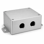 Close view of an aluminum control box lid with four screws, cable-entry openings and a slotted mounting ear.