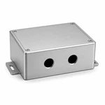 Brushed aluminum industrial control box with two CNC cable-entry openings and mounting ears.