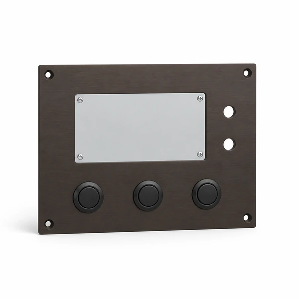 Dark bronze aluminum equipment panel fitted with a blank display module and three black push buttons.
