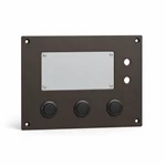 Dark bronze aluminum equipment panel fitted with a blank display module and three black push buttons.