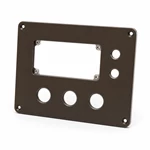 Dark bronze anodized aluminum equipment panel with CNC display, button and connector cutouts.
