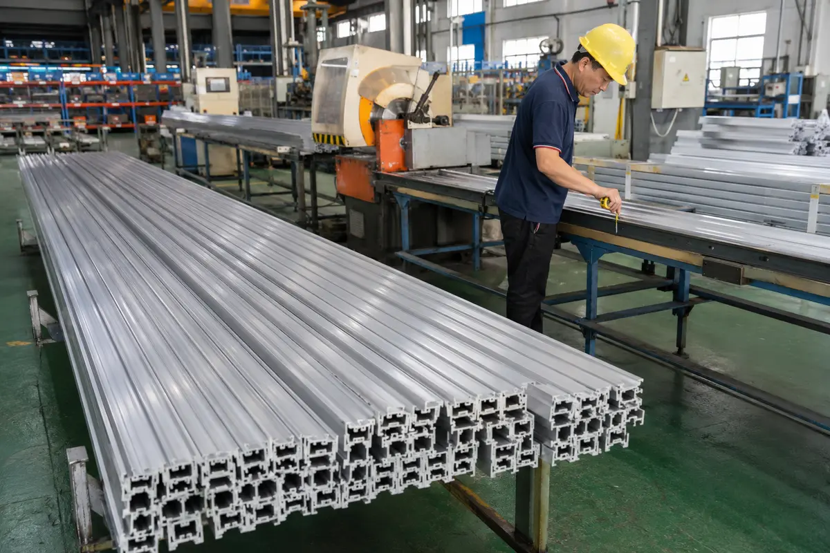 Aluminum extrusion profiles being measured and inspected after cutting