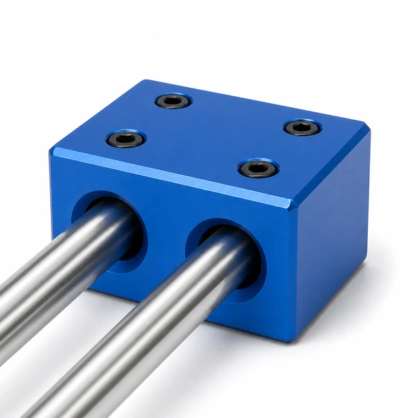 Blue anodized aluminum guide rod connector block clamping two round guide rods with four set screws.