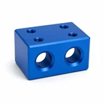 Blue anodized aluminum guide rod connector block with two bored passages and four threaded locking holes.
