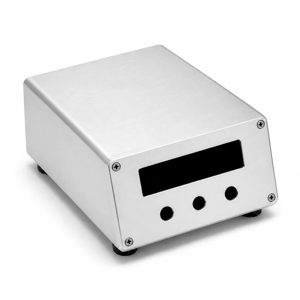 Angled studio view of custom brushed aluminum instrument housing with display opening and three evenly spaced circular control holes.