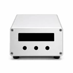Front view of brushed aluminum instrument housing with a display opening and three identical CNC-punched circular control holes.