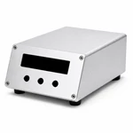 Brushed aluminum instrument housing with a sloped front panel, display opening and three evenly spaced circular control holes.