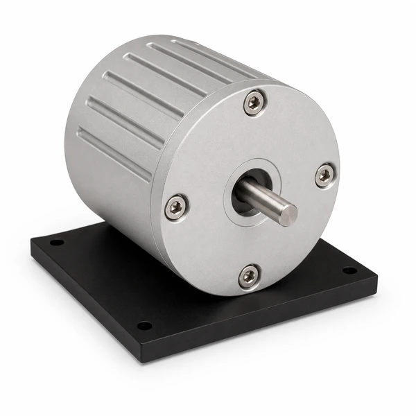 Aluminum motor housing mounted to a black plate with four screws and a plain steel shaft.