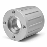 CNC-machined aluminum motor housing showing a turned bearing-seat bore, counterbores and six cooling ribs.