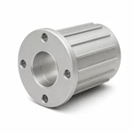 Bead-blasted aluminum motor housing with a precision central bore, four-hole flange and cooling ribs.