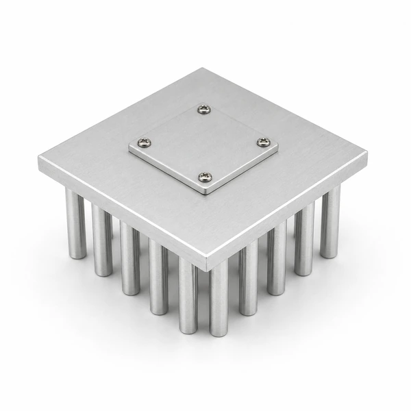 Electronics module plate mounted on an aluminum pin-fin heat sink with a 4 by 4 cooling-pin array.