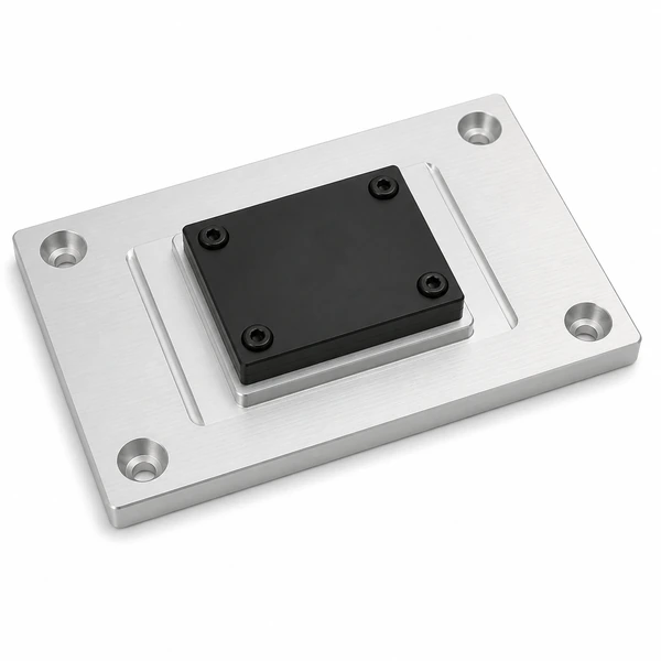 Custom CNC aluminum machine base plate securing a black mounting block with four socket-head screws.