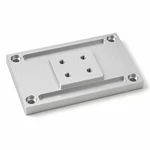 Natural anodized CNC aluminum machine base plate with two milled channels, threaded pad and four counterbores.