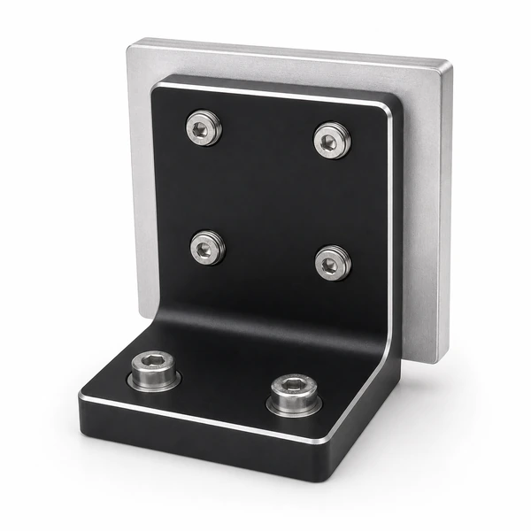 Custom black anodized CNC aluminum bracket assembled to a machined plate with socket-head screws.