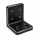 Black anodized CNC aluminum L-bracket with threaded holes, counterbores and machined chamfers.