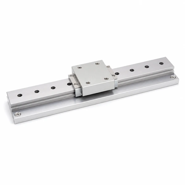 Automation positioning module with a CNC machined aluminum guide rail and carriage block.