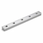 CNC machined aluminum guide rail with precision counterbored mounting holes on a white studio background.