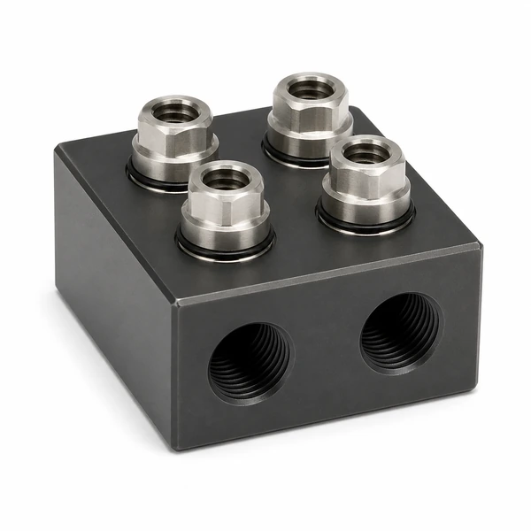 Hard-anodized CNC aluminum manifold block with four identical silver fittings installed on top ports.