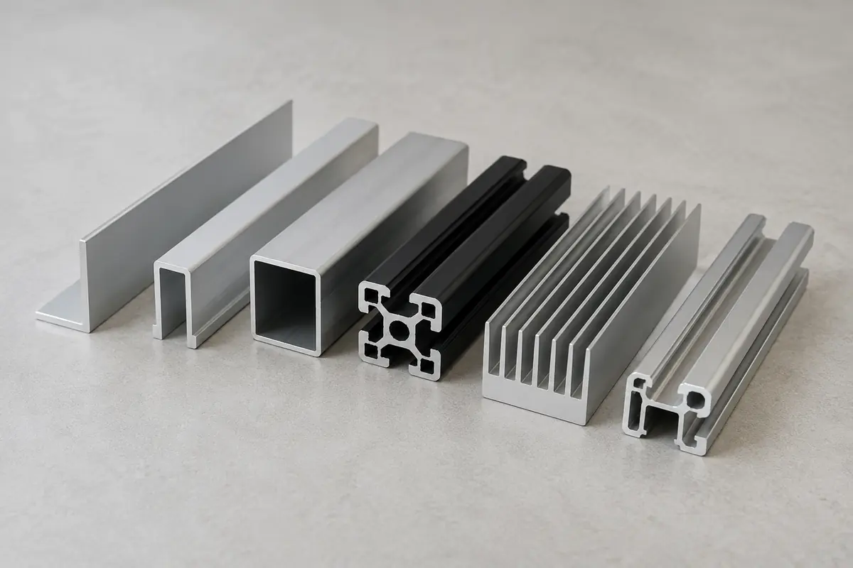 Common aluminum extrusion profile shapes including angle, channel, tube, T-slot, and heat sink