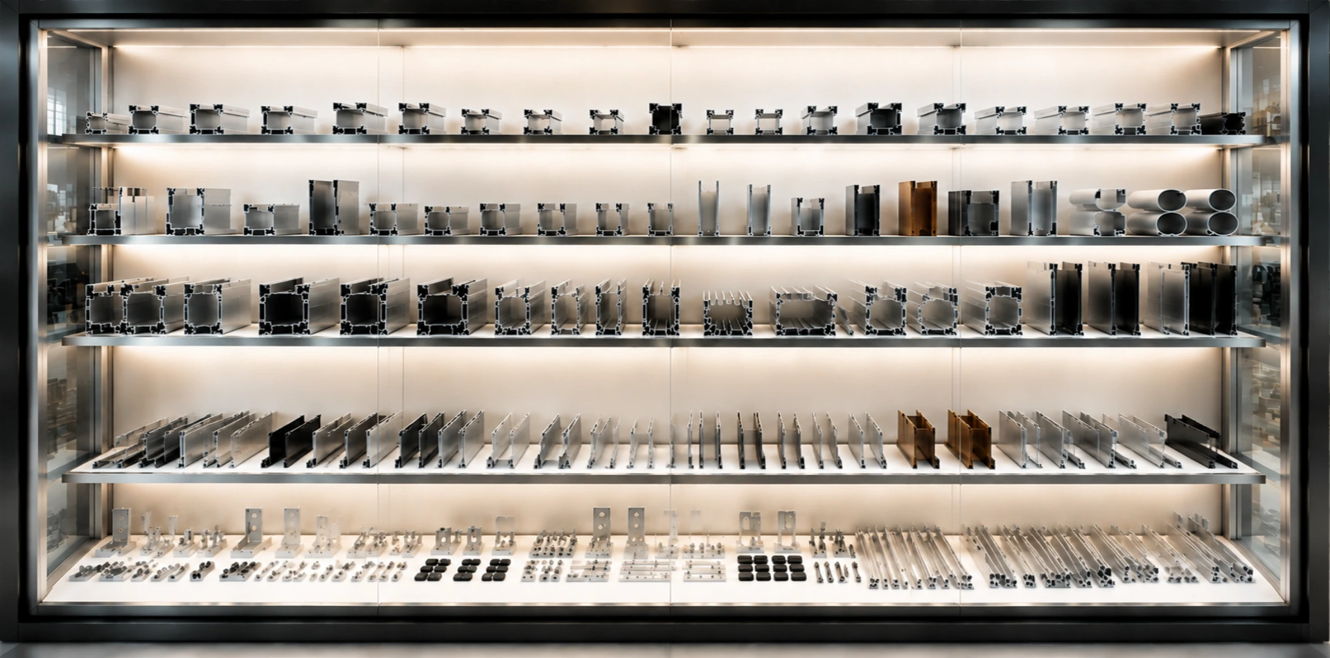 Custom aluminum extrusion profiles display showcasing various OEM aluminum profile sections and surface finishes