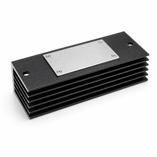 Power module plate mounted on a black anodized finned aluminum heat sink.