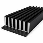 Clean cut end of a black anodized aluminum heat sink with straight, uniform cooling fins.