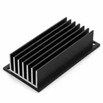 Black anodized finned aluminum heat sink with mounting holes for power electronics.