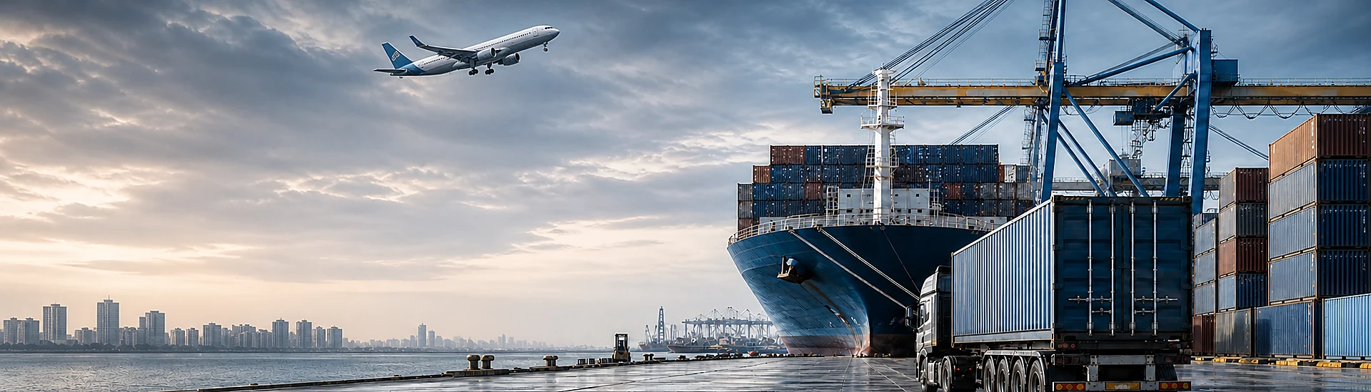 Global delivery logistics banner with airplane, container ship, port cranes, cargo containers, and truck for aluminum manufacturing inquiries