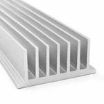 Clean cut end of a straight-fin aluminum heat sink extrusion with uniform fin spacing.