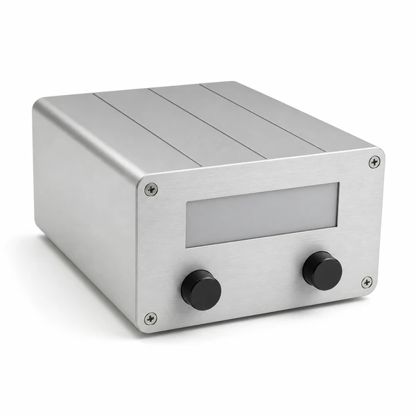 Compact extruded aluminum instrument enclosure with a blank display and two front controls.