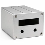 Brushed aluminum enclosure front panel with a CNC display opening and control holes.