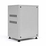 Rear-left view of a powder-coated aluminum industrial cabinet showing the riveted rear panel, ventilation slots and leveling feet.