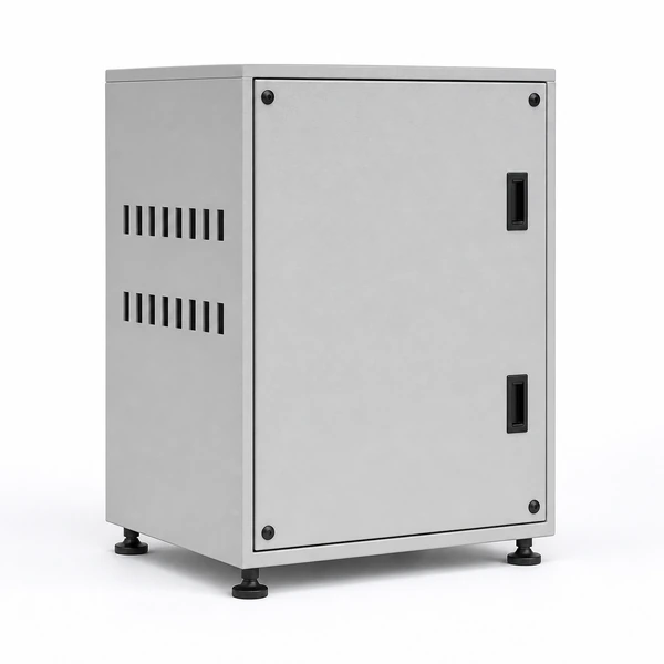 Riveted aluminum cabinet showing folded seams, two rows of ventilation slots and recessed pull tabs.