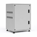 Riveted aluminum cabinet showing folded seams, two rows of ventilation slots and recessed pull tabs.