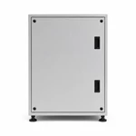 Front view of a light-gray powder-coated riveted aluminum industrial cabinet with recessed pull tabs and leveling feet.