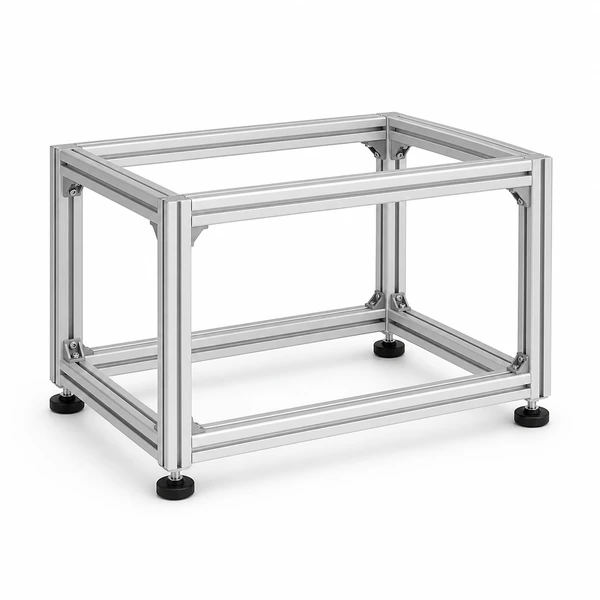 Modular machine frame assembled from silver T-slot aluminum profiles with leveling feet.