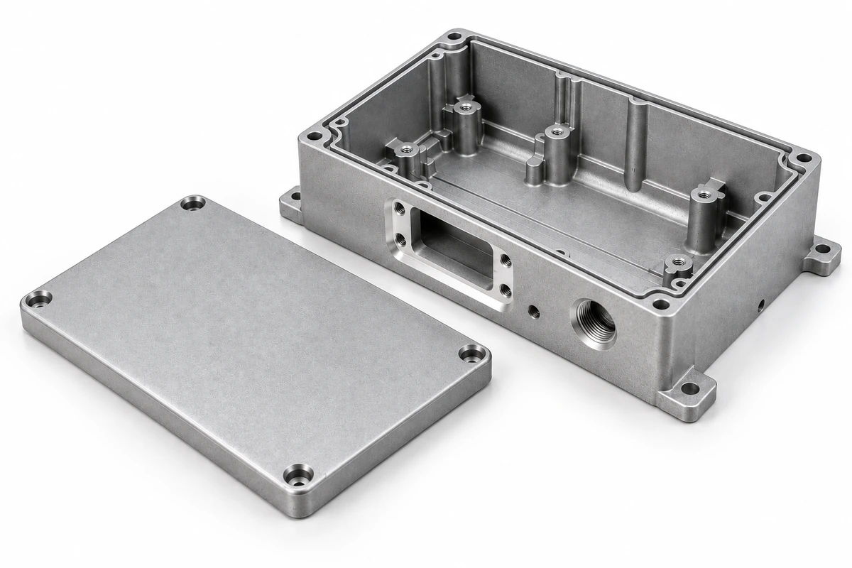 Open ADC12 die cast aluminum enclosure showing internal bosses, gasket groove and CNC-machined interface features